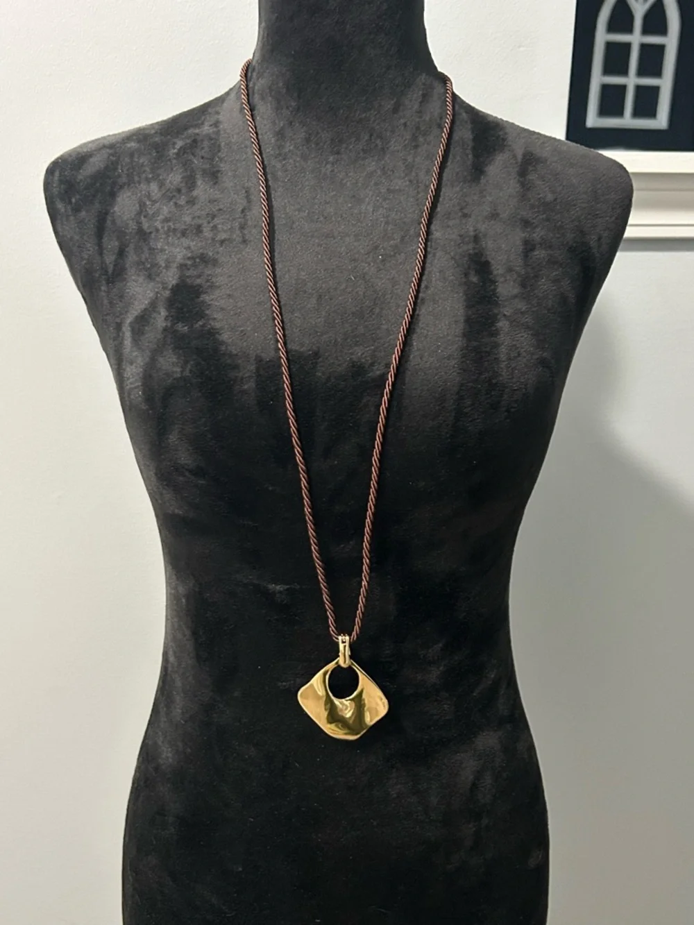 Premier Designs Long Pendant Necklace|Gold Tone Statement|Brown Cord Chain|NWOT